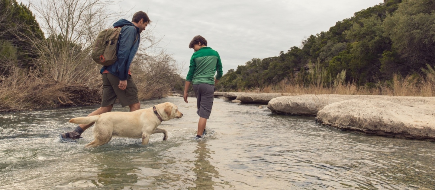 Father and son with dog in a creek
