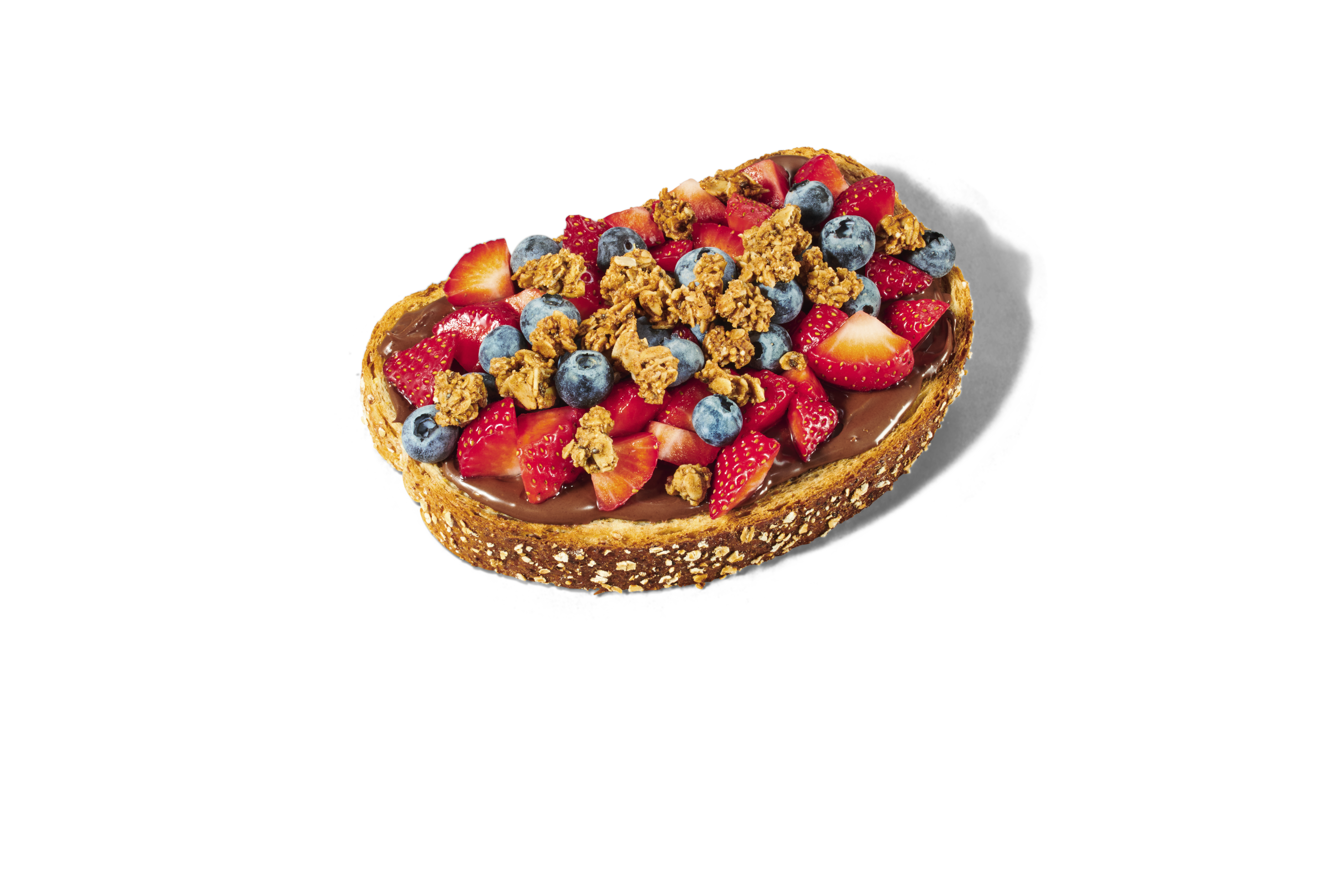 Loaded chocolate hazelnut toast topped with fruit and granola from Smoothie King