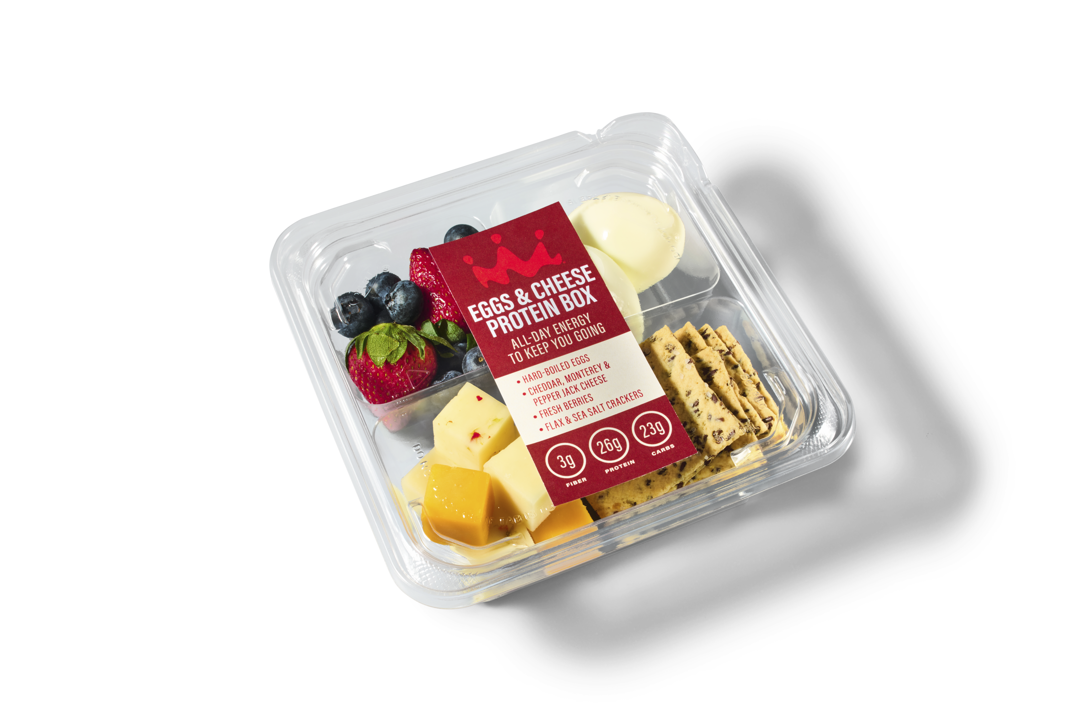 Eggs & cheese protein box with berries, hard-boiled eggs, cheese, and crackers from Smoothie King