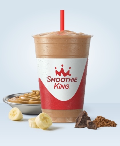 peanut power plus smoothie with ingredients and peanut butter