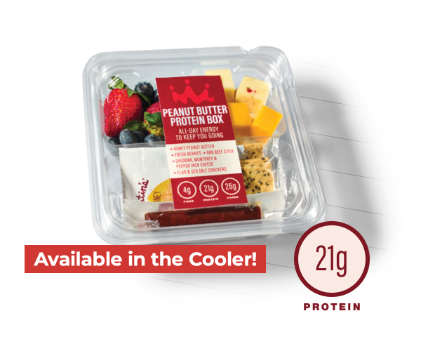 Peanut butter protein box with berries, cheese, crackers, and a beef stick - 21g protein