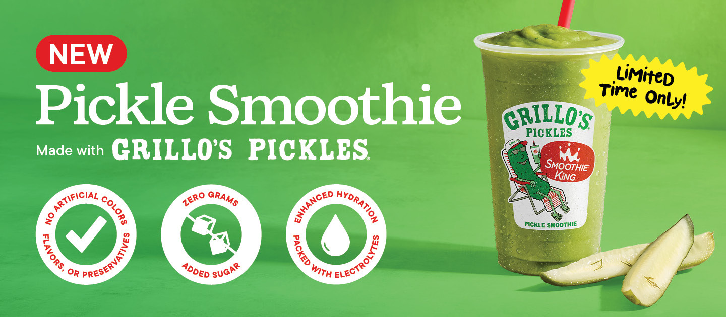 New Pickle Smoothie: Made with Grillo's Pickles®  No artificial colors, flavors, or preservatives Zero grams added sugar Enhanced hydration packed with electrolytes