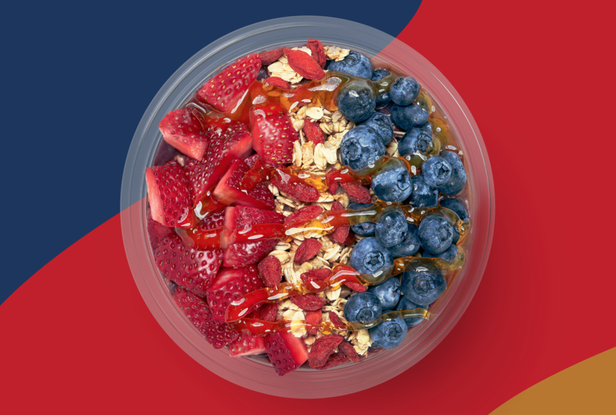 Go-Go-Goji-Crunch acai breakfast bowl from Smoothie King topped with fresh berries, granola, and honey