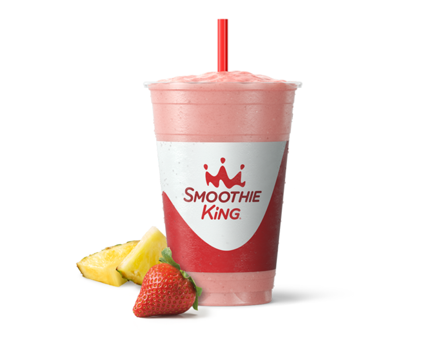 A strawberry pineapple smoothie from Smoothie King with fresh fruit beside it